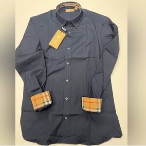 Burberry Navy Dress Shirt with Plaid Cuffs